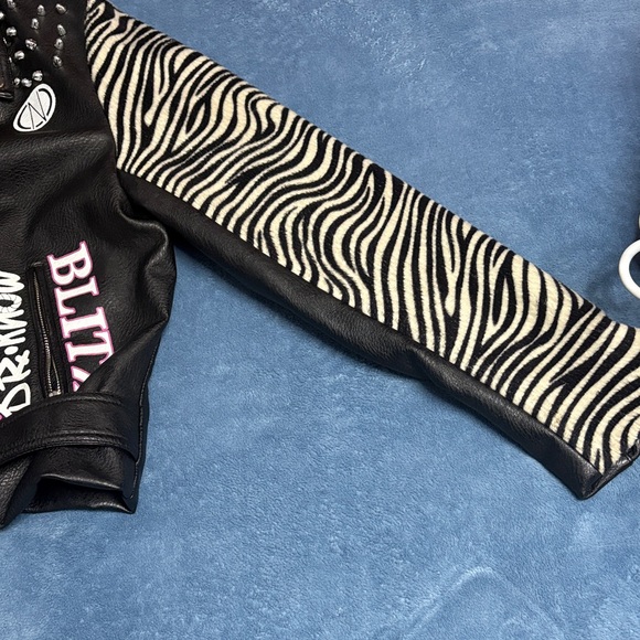 Azalea Wang Black Studded Leather Jacket with Pink and Zebra Sleeves - Picture 5 of 7